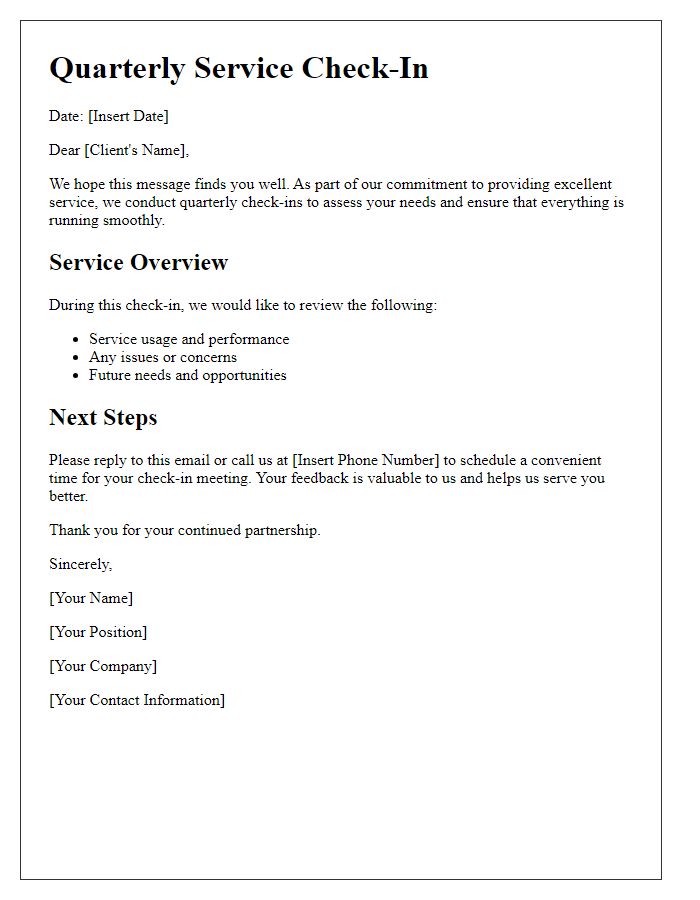 Letter template of Quarterly Service Check-In