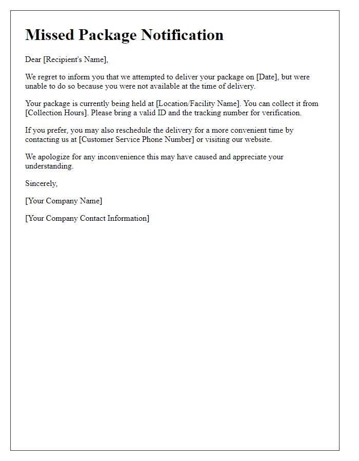 Letter template of missed package notification