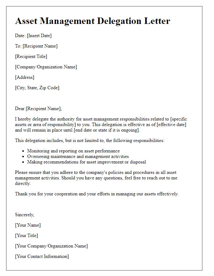 Letter template of asset management delegation