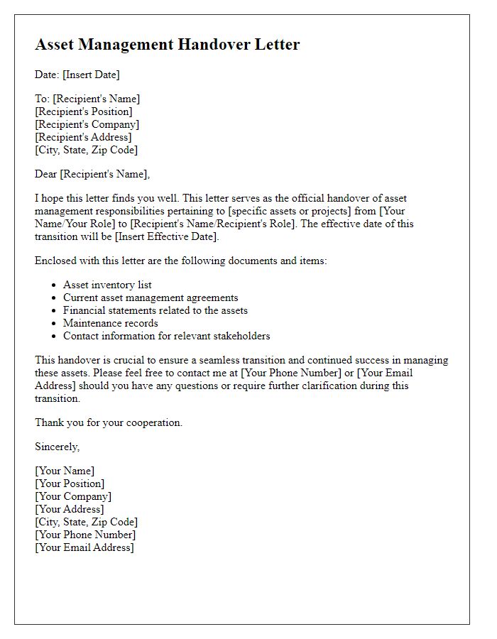 Letter template of asset management handover