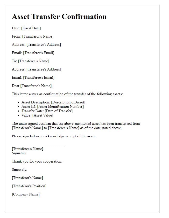 Letter template of asset transfer confirmation