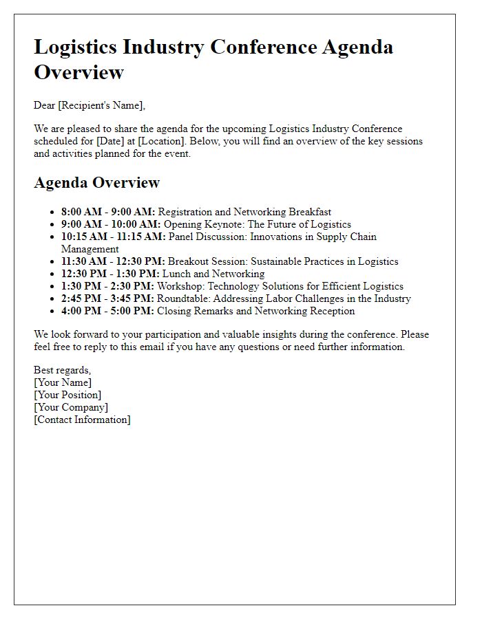 Letter template of agenda overview for logistics industry conference