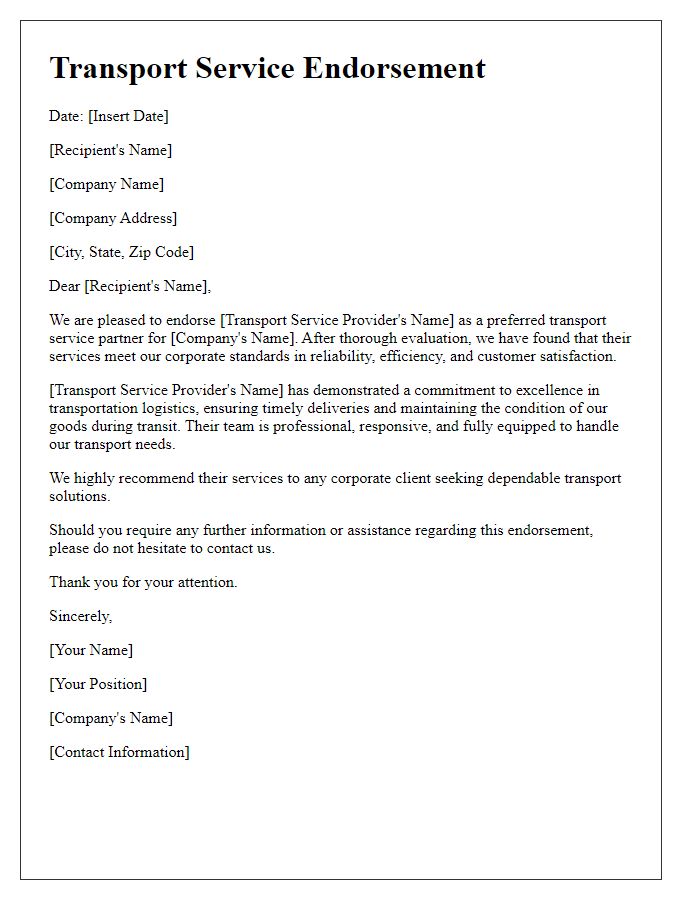 Letter template of transport service endorsement for corporate clients.