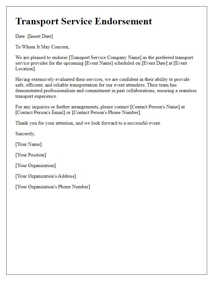 Letter template of transport service endorsement for event organizers.