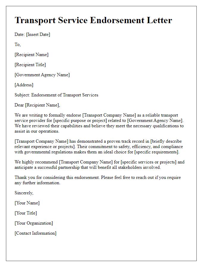 Letter template of transport service endorsement for government agencies.