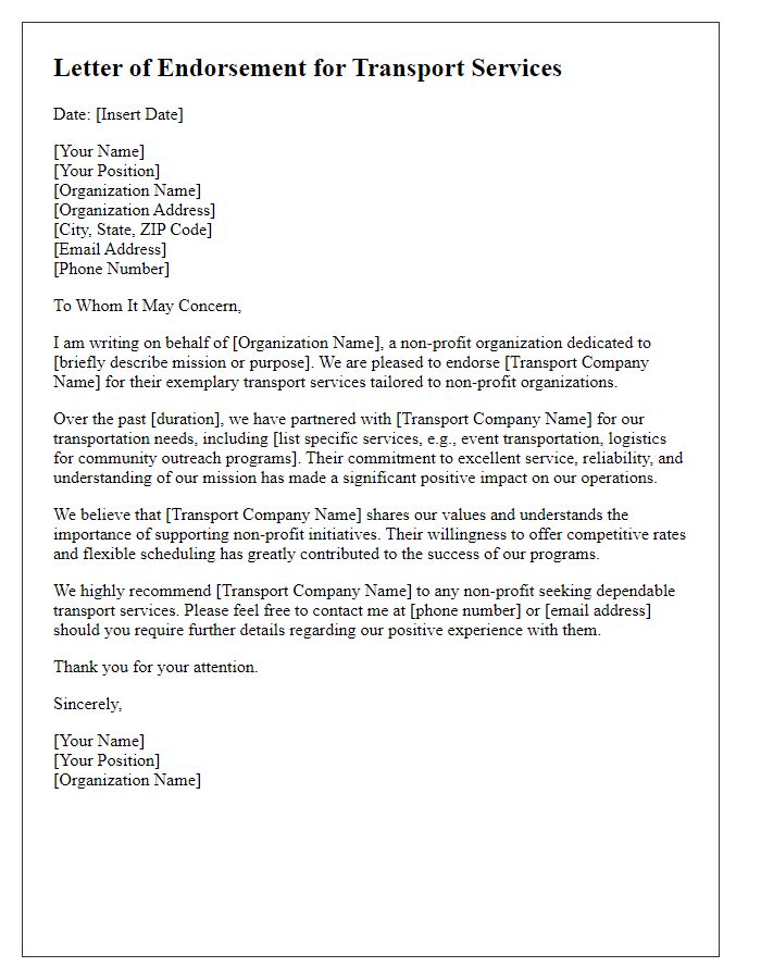 Letter template of transport service endorsement for non-profit organizations.