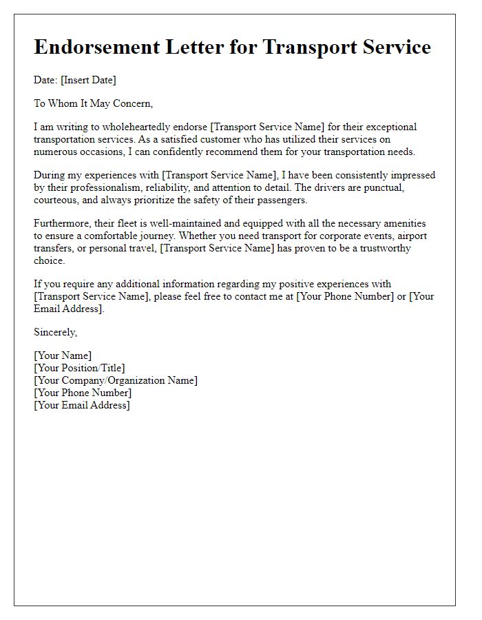 Letter template of transport service endorsement for peer recommendations.