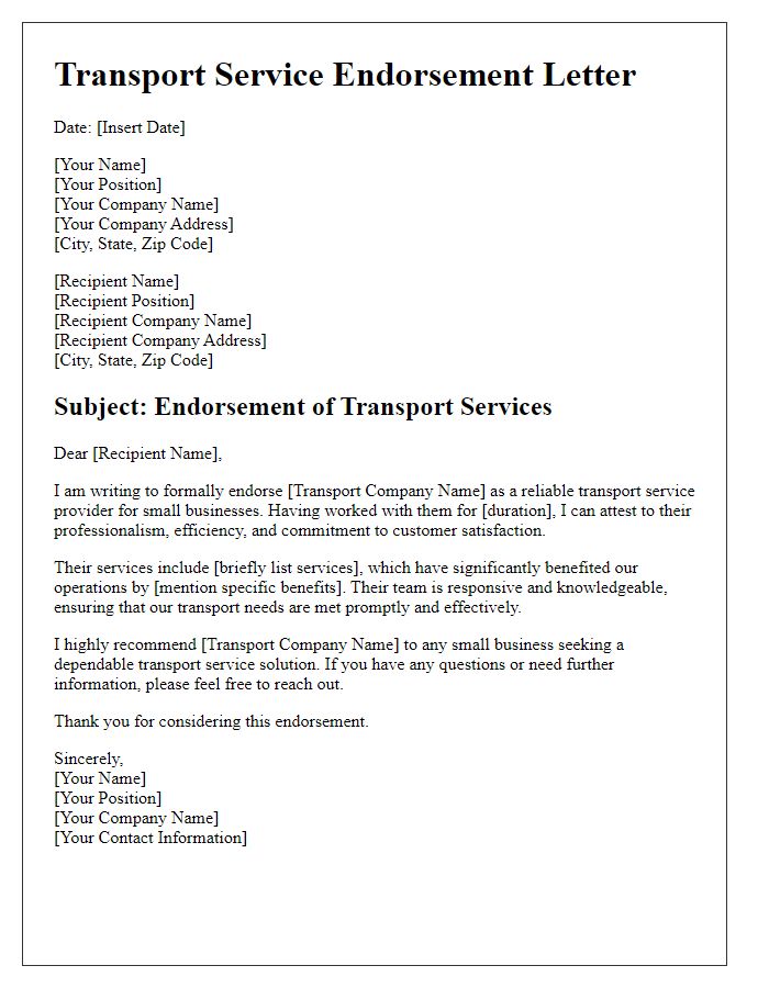 Letter template of transport service endorsement for small businesses.