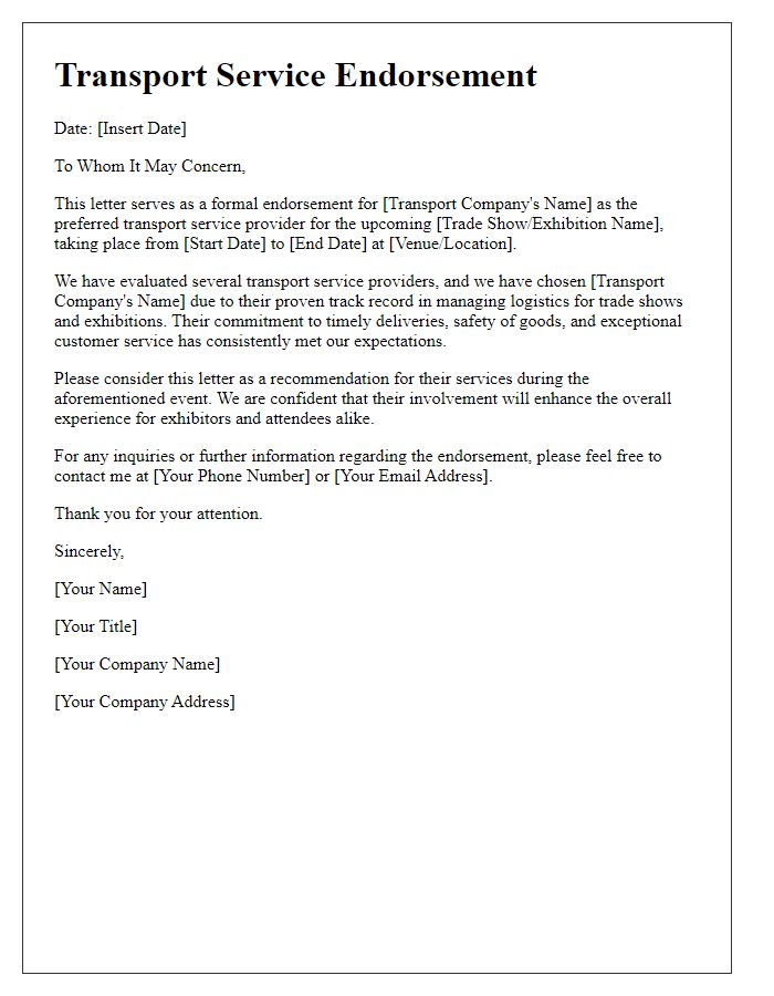 Letter template of transport service endorsement for trade shows and exhibitions.