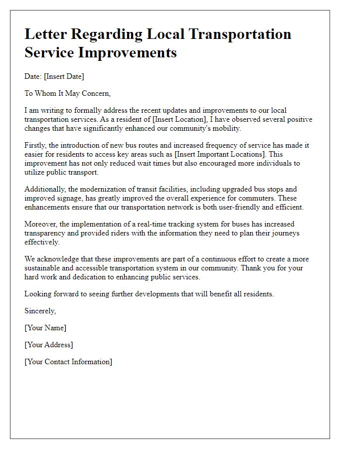 Letter template of local transportation service improvements