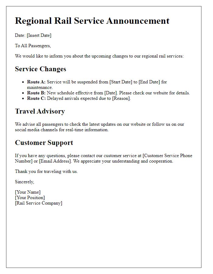 Letter template of regional rail service announcements