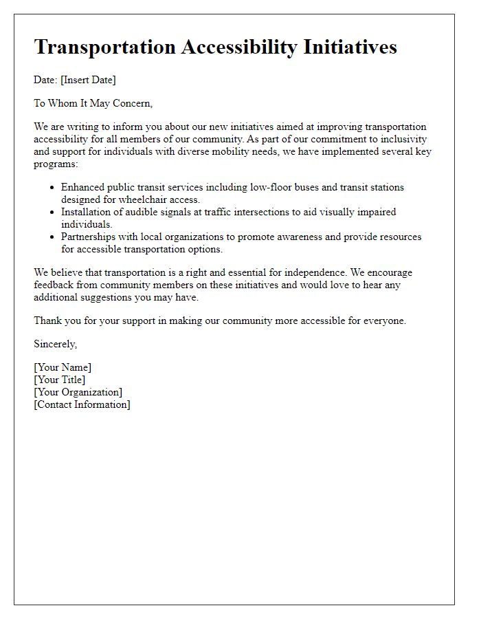 Letter template of transportation accessibility initiatives