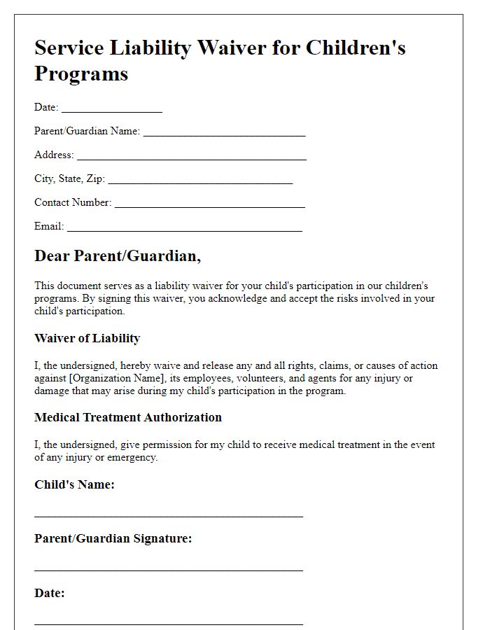 Letter template of Service Liability Waiver for Childrens Programs