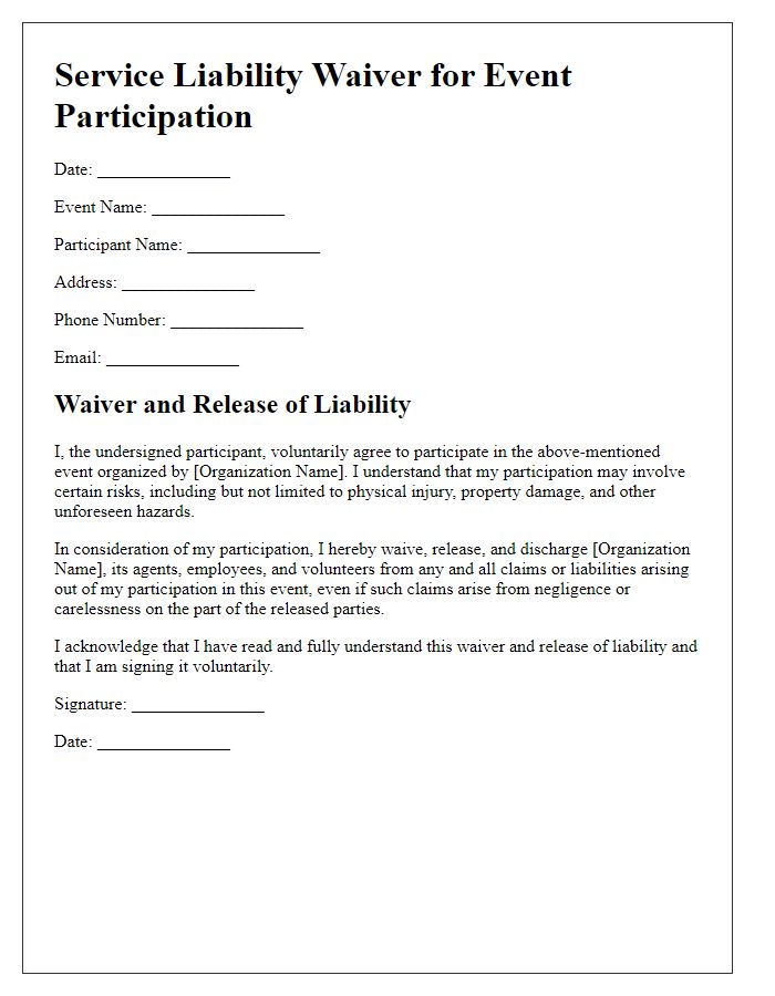 Letter template of Service Liability Waiver for Event Participation