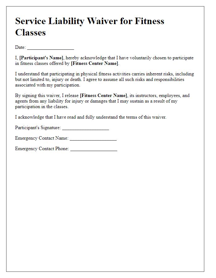 Letter template of Service Liability Waiver for Fitness Classes