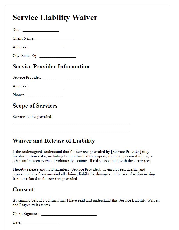 Letter template of Service Liability Waiver for Home Services