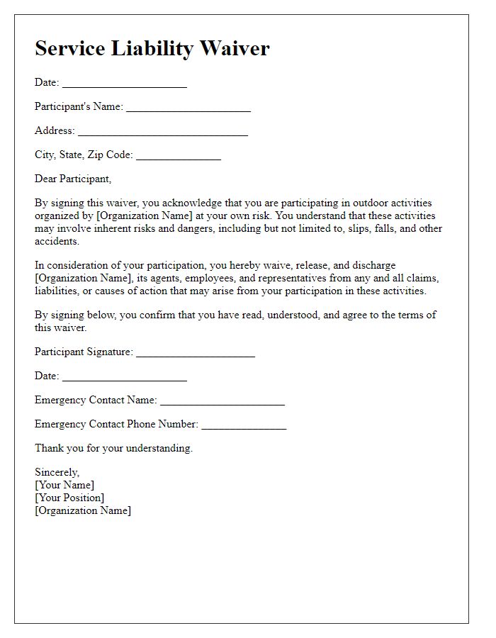 Letter template of Service Liability Waiver for Outdoor Activities