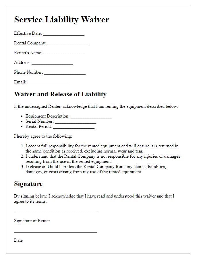 Letter template of Service Liability Waiver for Rental Equipment