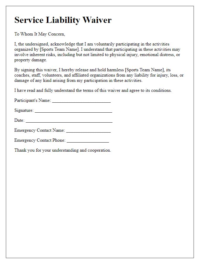 Letter template of Service Liability Waiver for Sports Teams