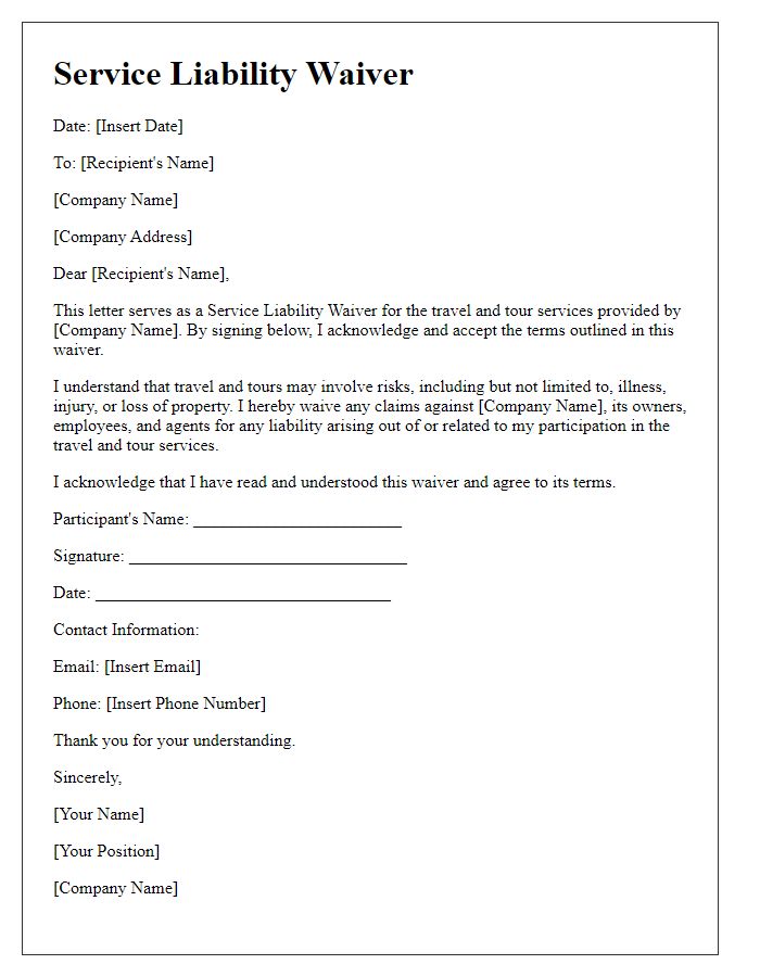 Letter template of Service Liability Waiver for Travel and Tours