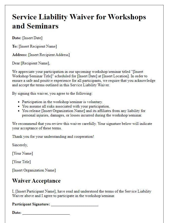 Letter template of Service Liability Waiver for Workshops and Seminars