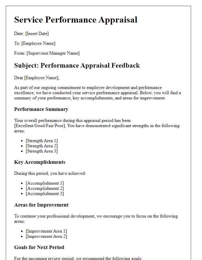 Letter template of service performance appraisal guide