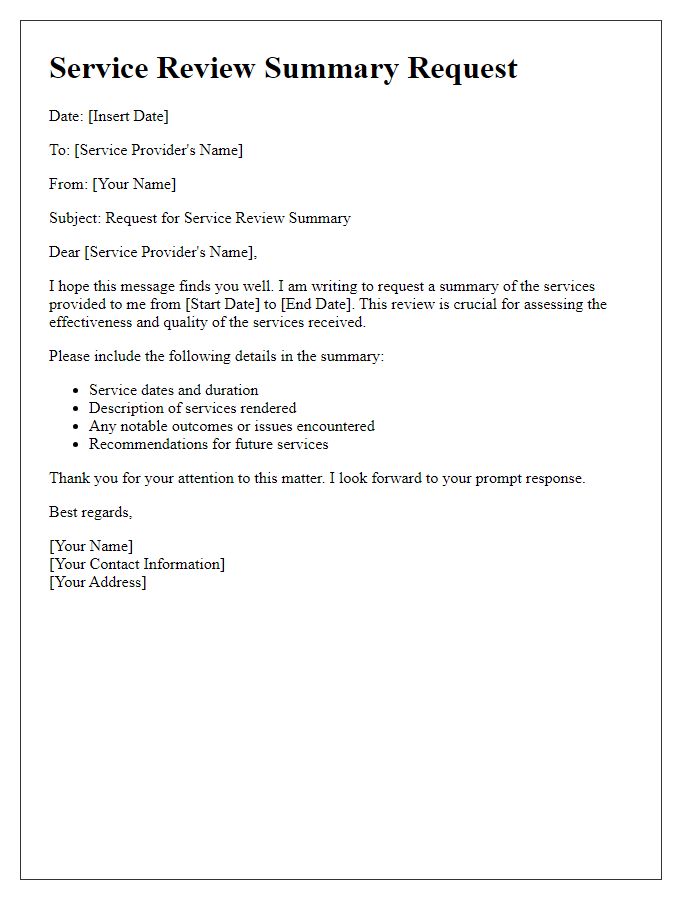 Letter template of service review summary request