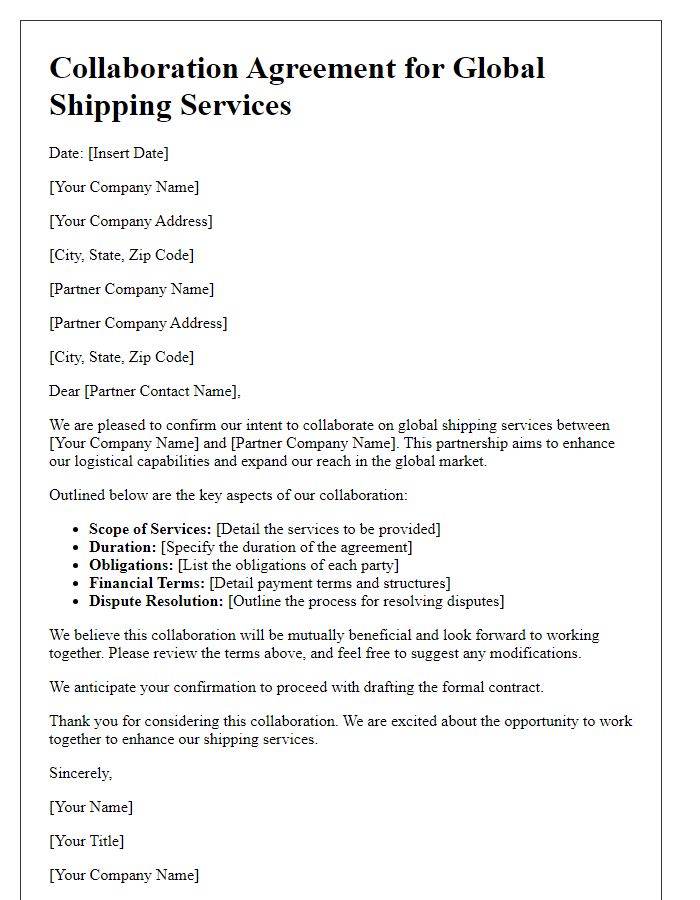 Letter template of collaboration agreement for global shipping services