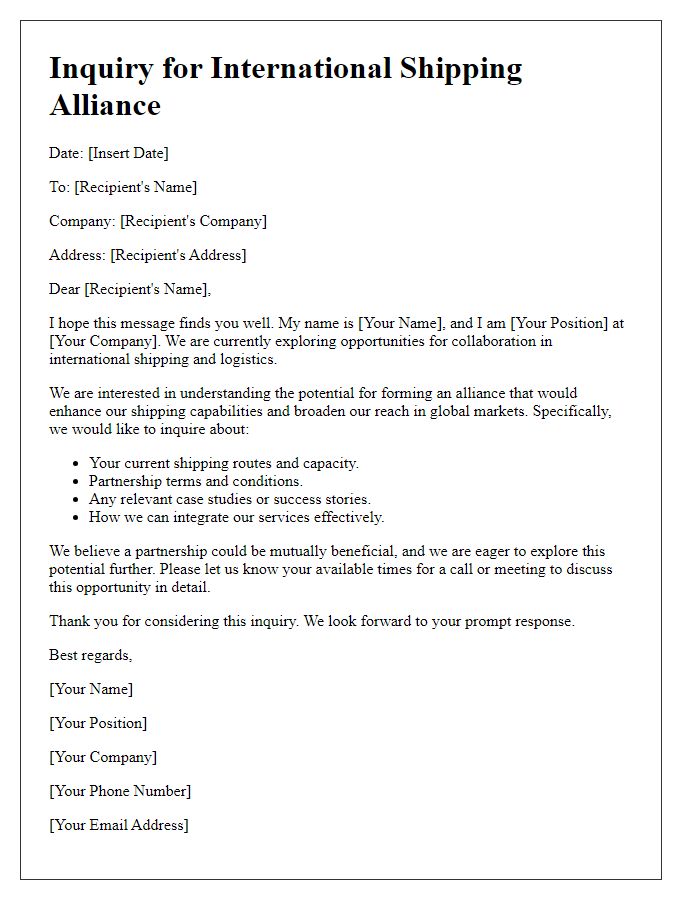 Letter template of inquiry for international shipping alliance