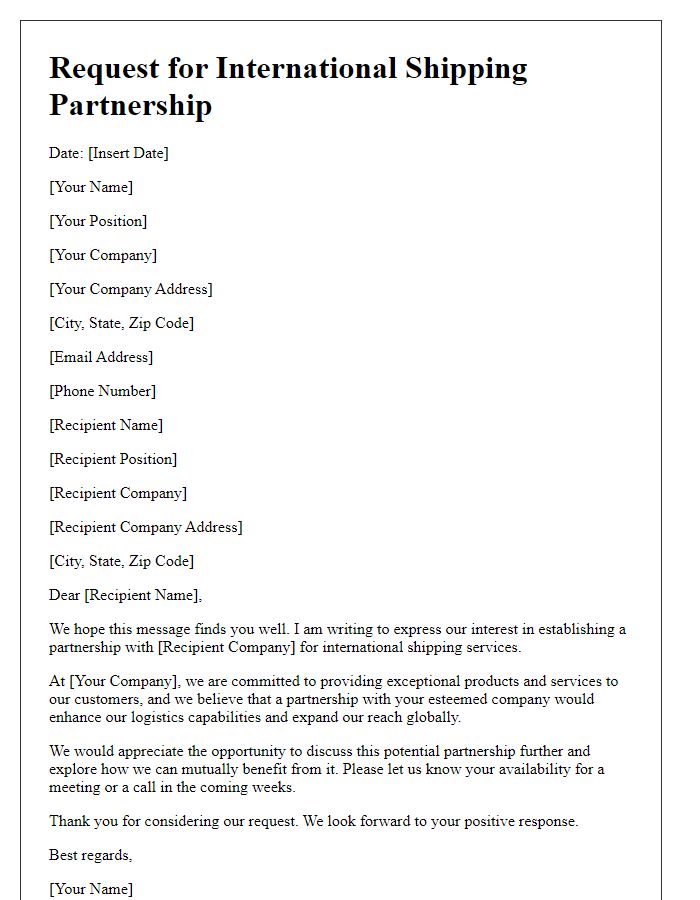 Letter template of request for international shipping partnership