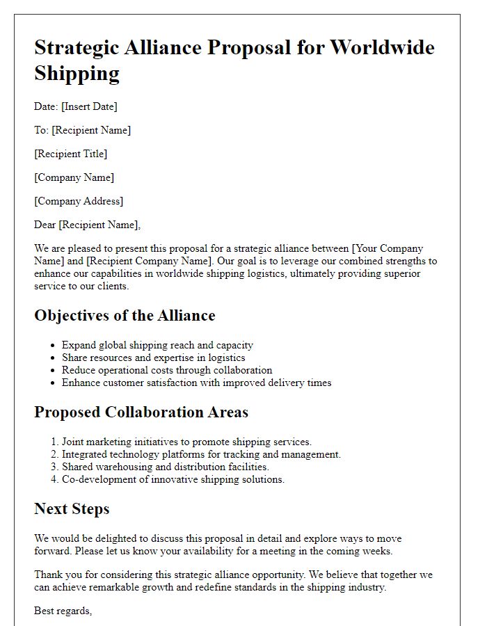 Letter template of strategic alliance proposal for worldwide shipping