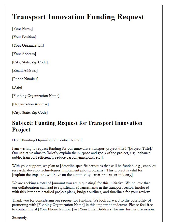 Letter template of a transport innovation funding request.