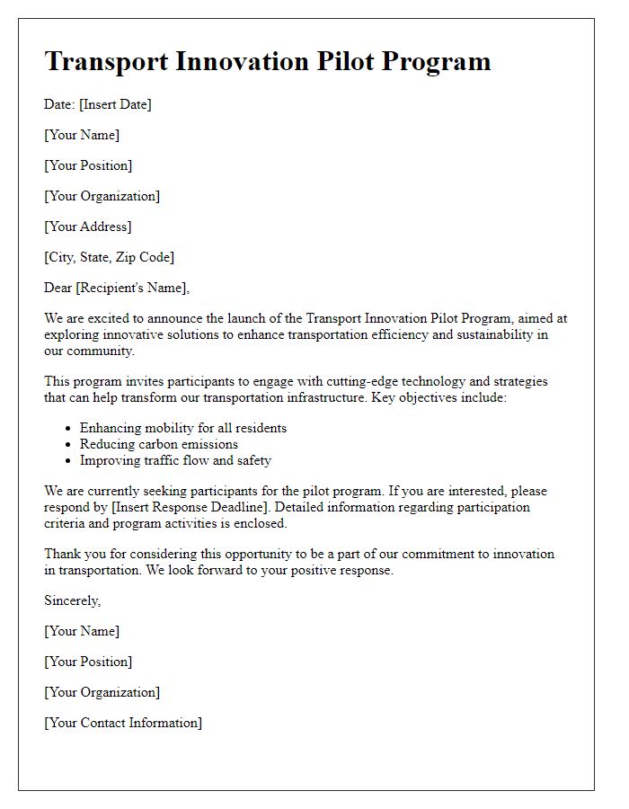 Letter template of a transport innovation pilot program.