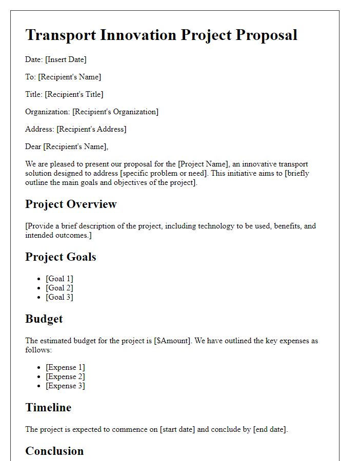 Letter template of a transport innovation project proposal.