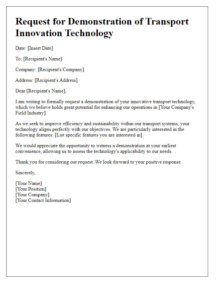 Letter template of a transport innovation technology demonstration request.