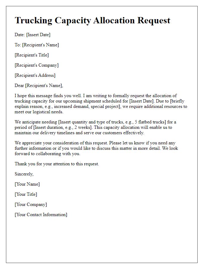 Letter template of trucking capacity allocation request