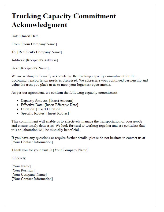 Letter template of trucking capacity commitment acknowledgment