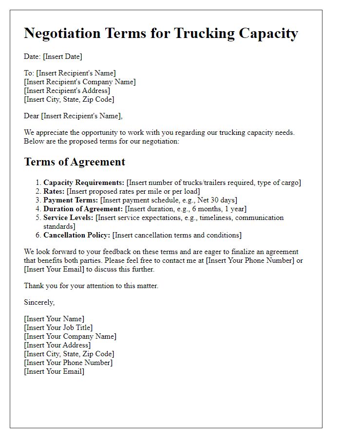 Letter template of trucking capacity negotiation terms