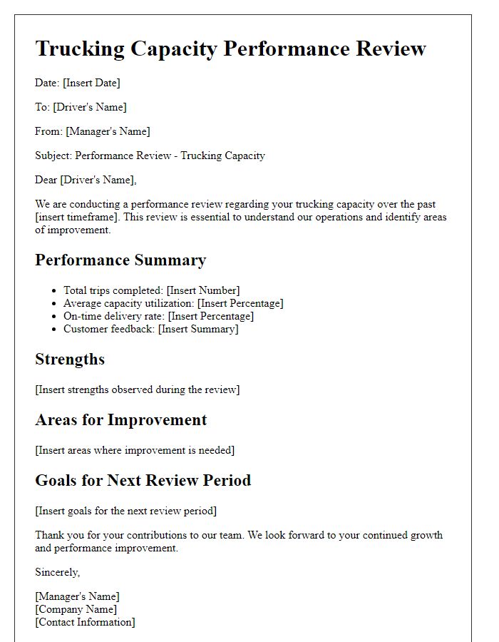 Letter template of trucking capacity performance review