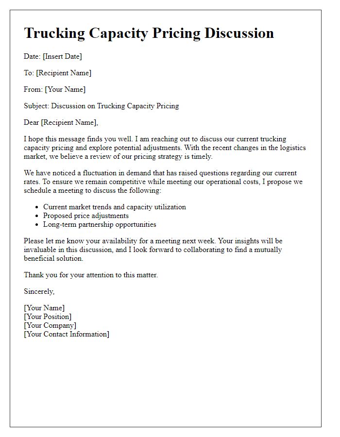 Letter template of trucking capacity pricing discussion