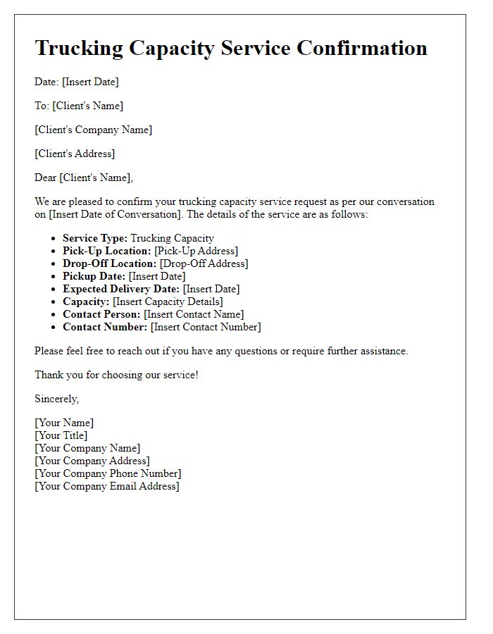 Letter template of trucking capacity service confirmation