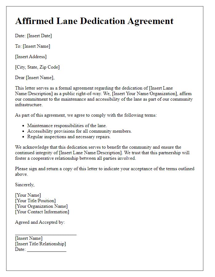 Letter template of affirmed lane dedication agreement