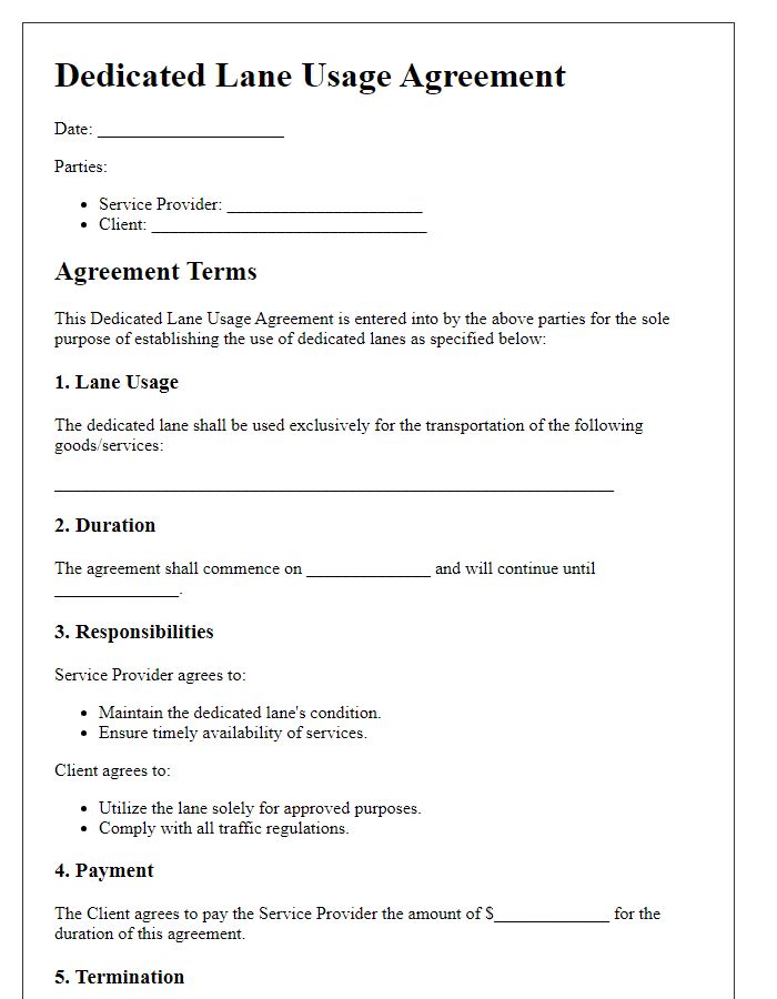 Letter template of dedicated lane usage agreement