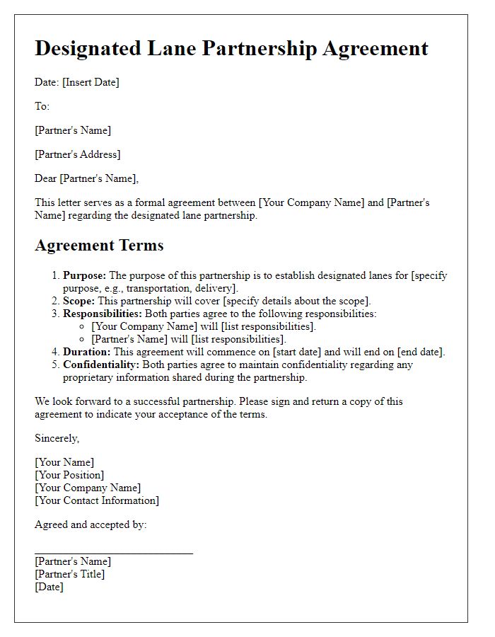 Letter template of designated lane partnership agreement