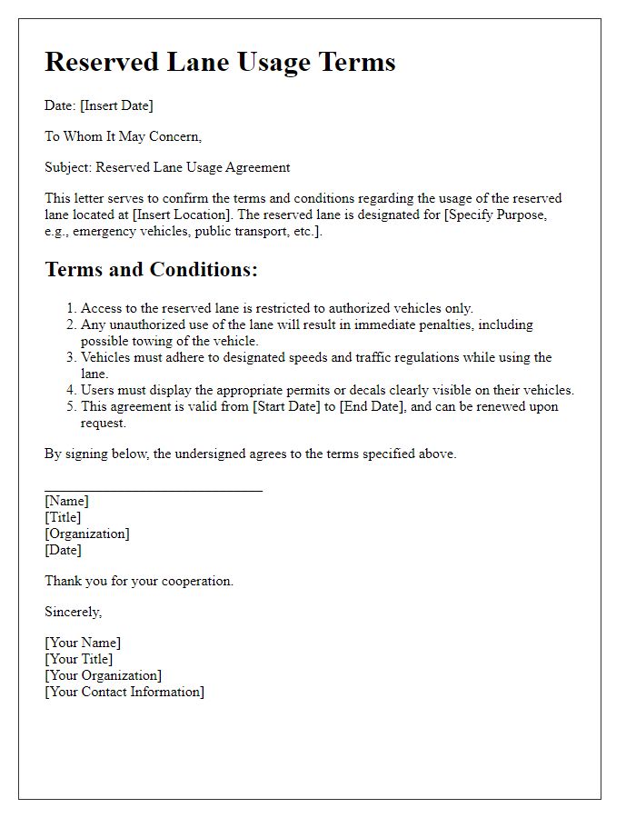 Letter template of reserved lane usage terms