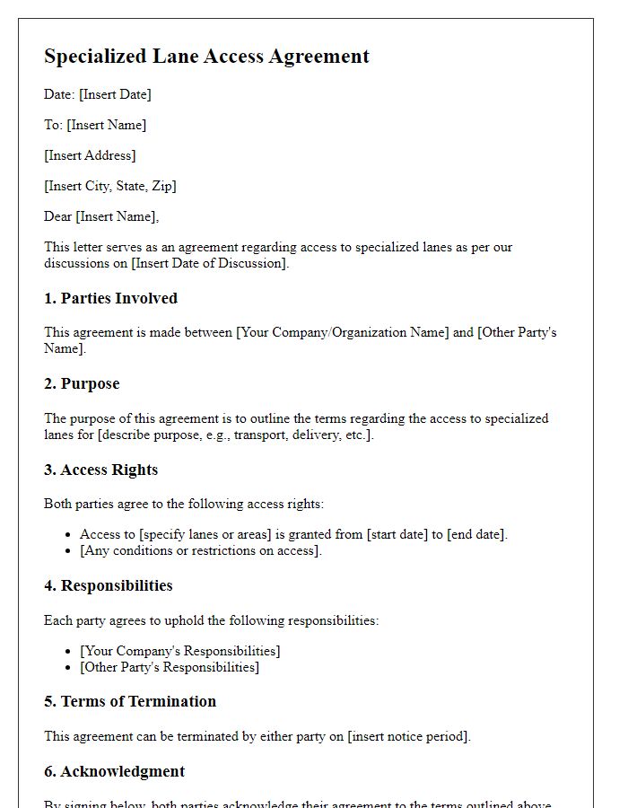 Letter template of specialized lane access agreement