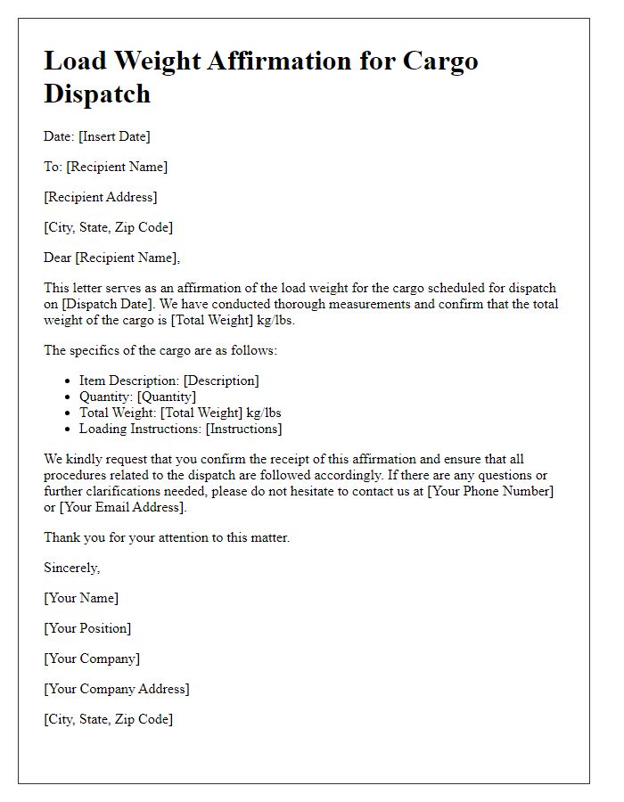 Letter template of load weight affirmation for cargo dispatch.