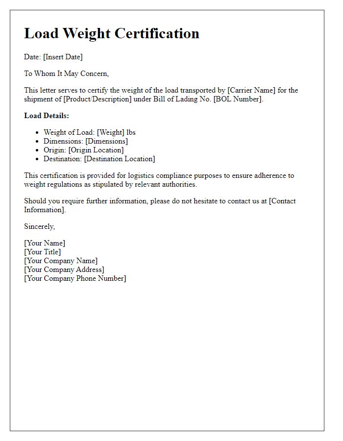 Letter template of load weight certification for logistics compliance.