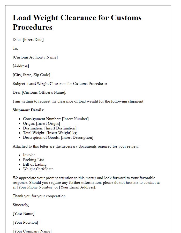 Letter template of load weight clearance for customs procedures.