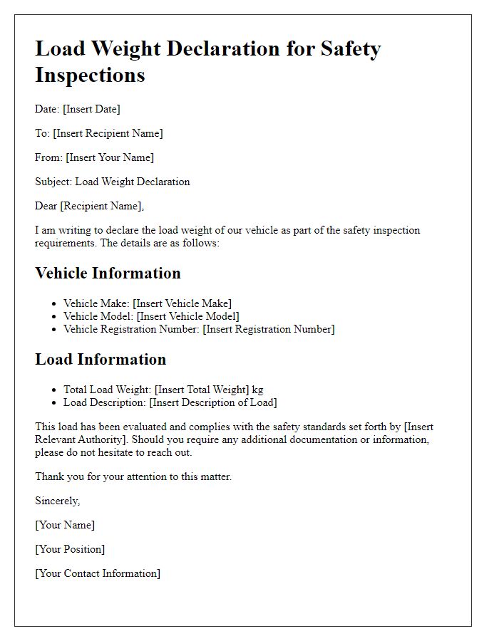 Letter template of load weight declaration for safety inspections.